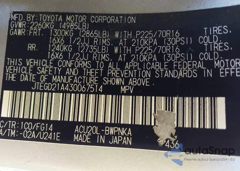 2003 Toyota Highlander из США, поврежденный, VIN JTEGD21A430067514